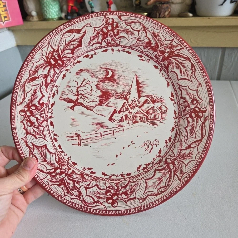 Vintage Christmas Church Tin Plate Restoration Hardware Decorative Red White 03